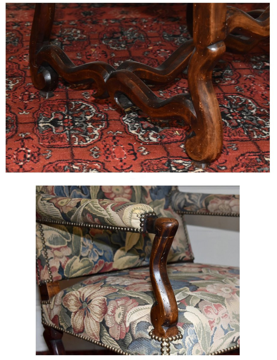 Pair Of Louis XIII Louis XIV Style High Flat Back Sheep Bone Armchairs-photo-3