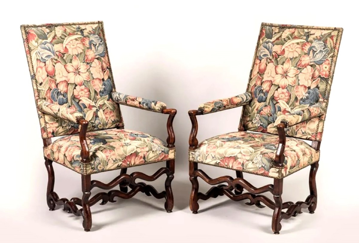 Pair Of Louis XIII Louis XIV Style High Flat Back Sheep Bone Armchairs