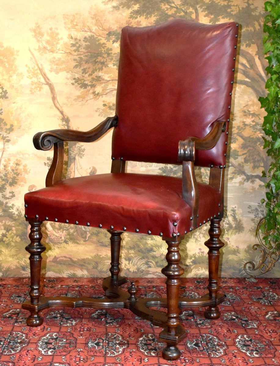 Fauteuil De Bureau Haut Dossier Plat En Cuir Rouge Bordeaux, Style Louis XIV - Régence , XIXe-photo-2