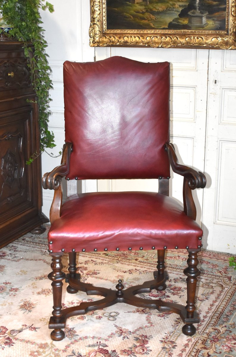 Fauteuil De Bureau Haut Dossier Plat En Cuir Rouge Bordeaux, Style Louis XIV - Régence , XIXe-photo-3