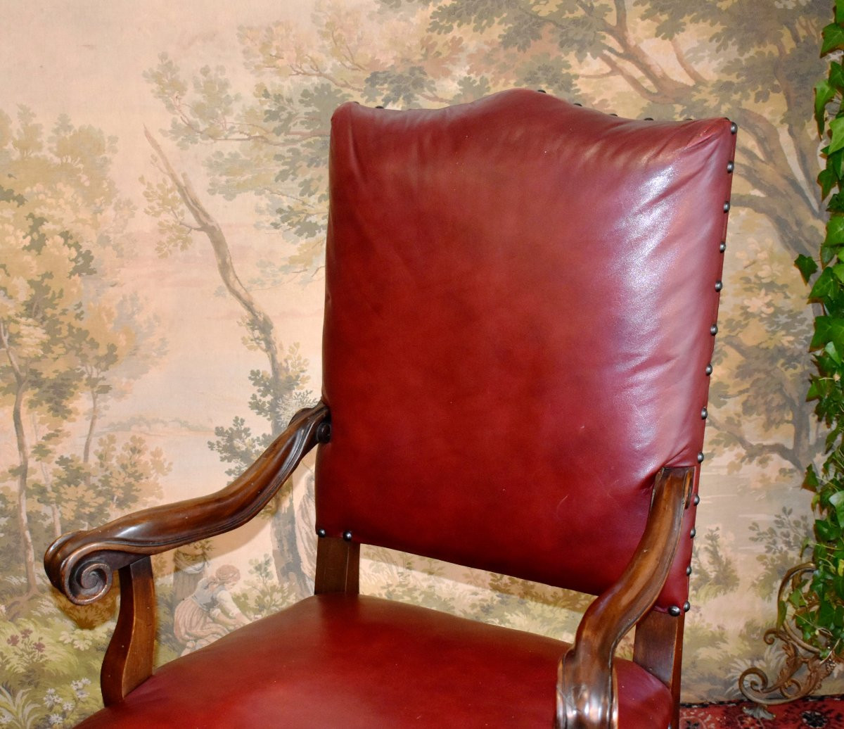 Fauteuil De Bureau Haut Dossier Plat En Cuir Rouge Bordeaux, Style Louis XIV - Régence , XIXe-photo-2