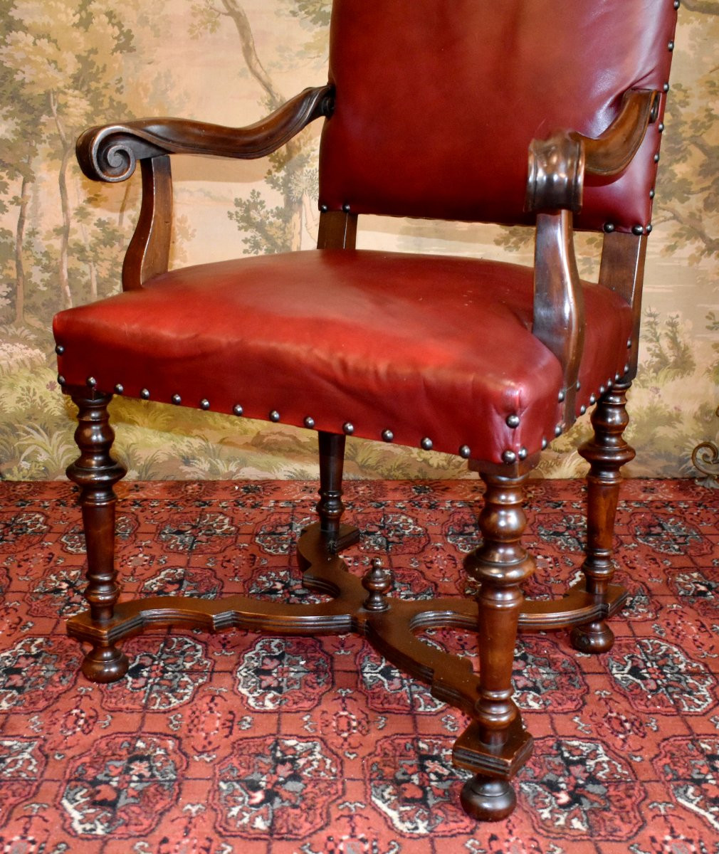 Fauteuil De Bureau Haut Dossier Plat En Cuir Rouge Bordeaux, Style Louis XIV - Régence , XIXe-photo-3