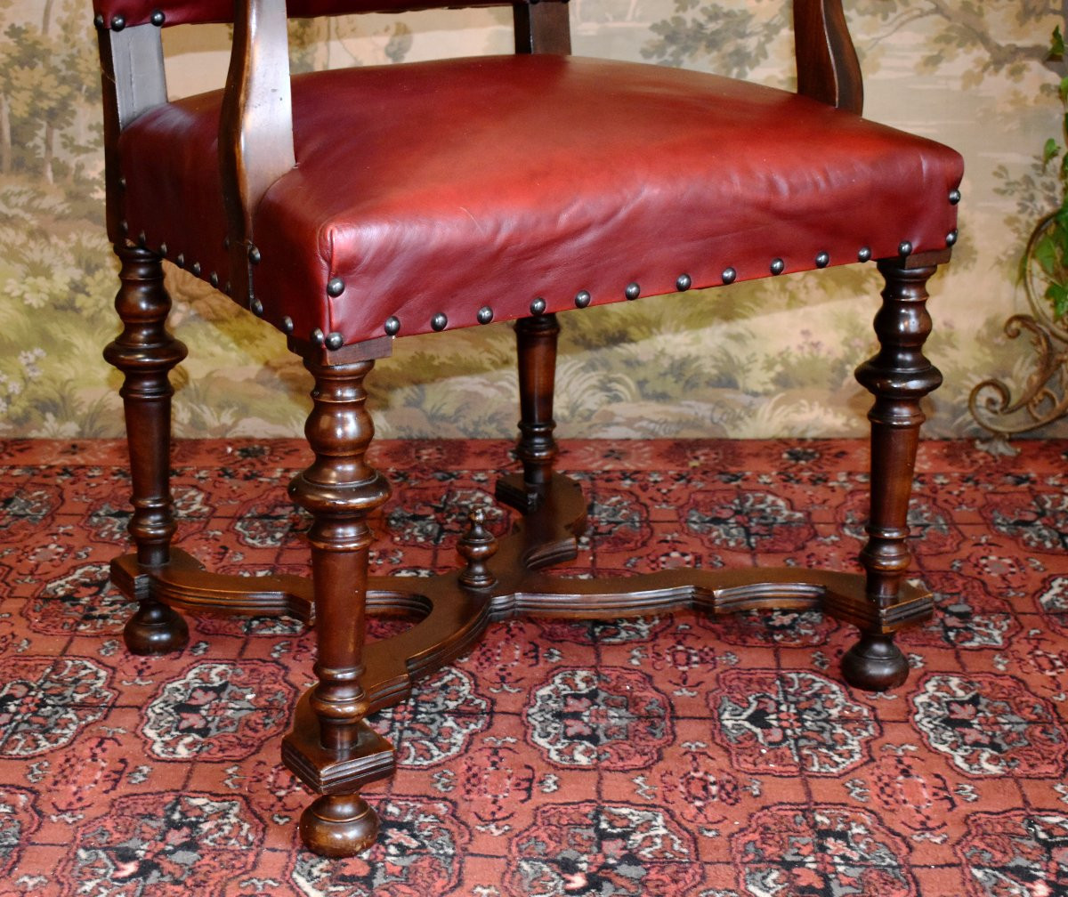 Fauteuil De Bureau Haut Dossier Plat En Cuir Rouge Bordeaux, Style Louis XIV - Régence , XIXe-photo-4