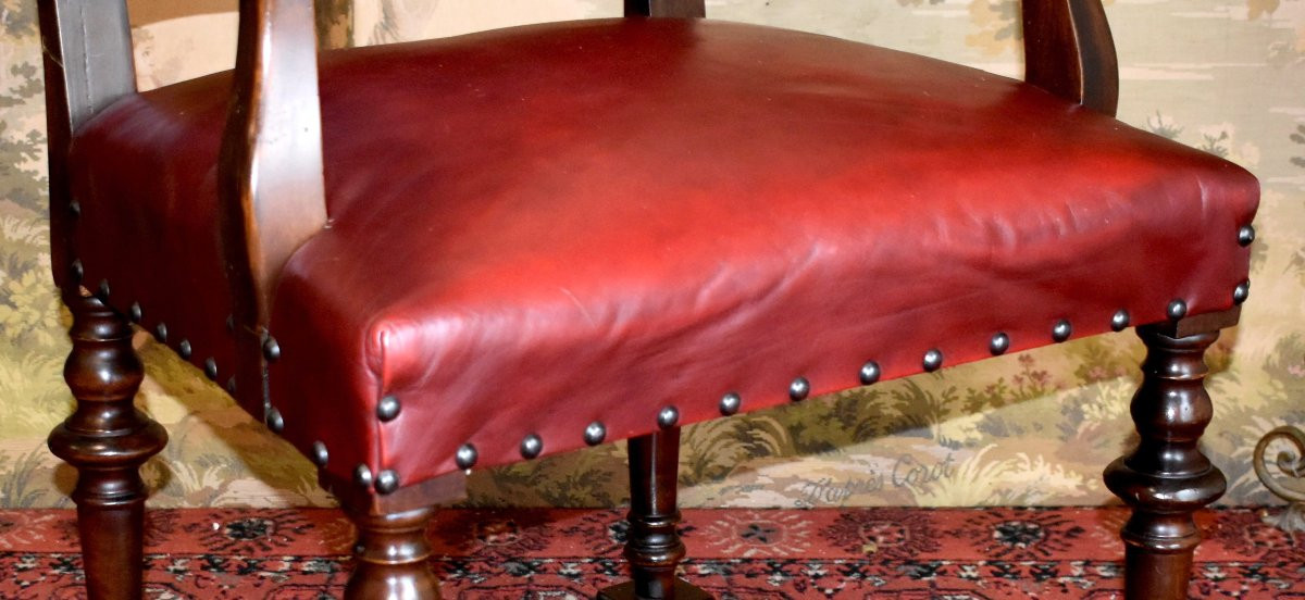 Fauteuil De Bureau Haut Dossier Plat En Cuir Rouge Bordeaux, Style Louis XIV - Régence , XIXe-photo-5