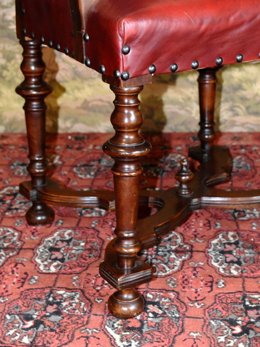 Fauteuil De Bureau Haut Dossier Plat En Cuir Rouge Bordeaux, Style Louis XIV - Régence , XIXe-photo-7