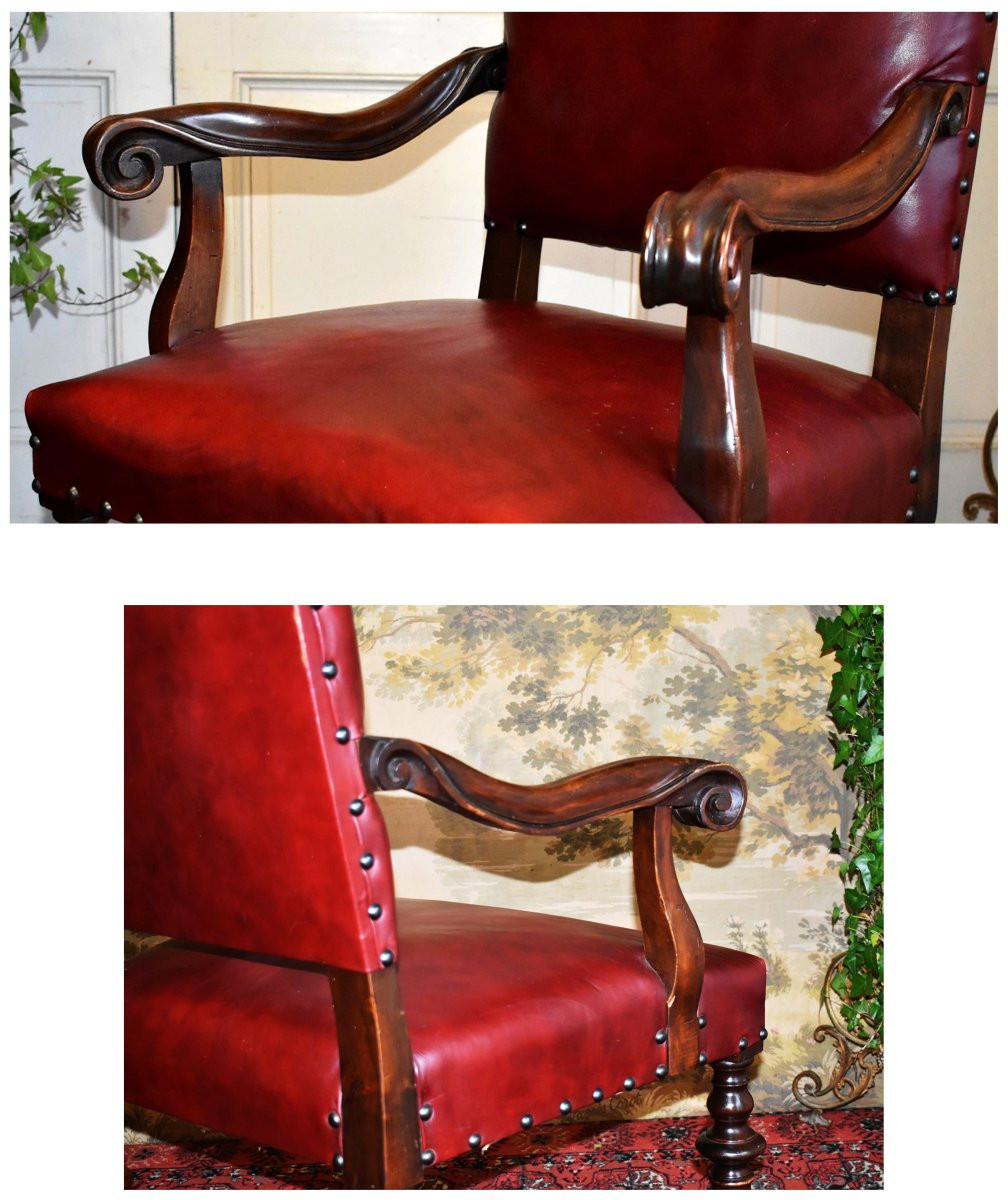 Fauteuil De Bureau Haut Dossier Plat En Cuir Rouge Bordeaux, Style Louis XIV - Régence , XIXe-photo-8
