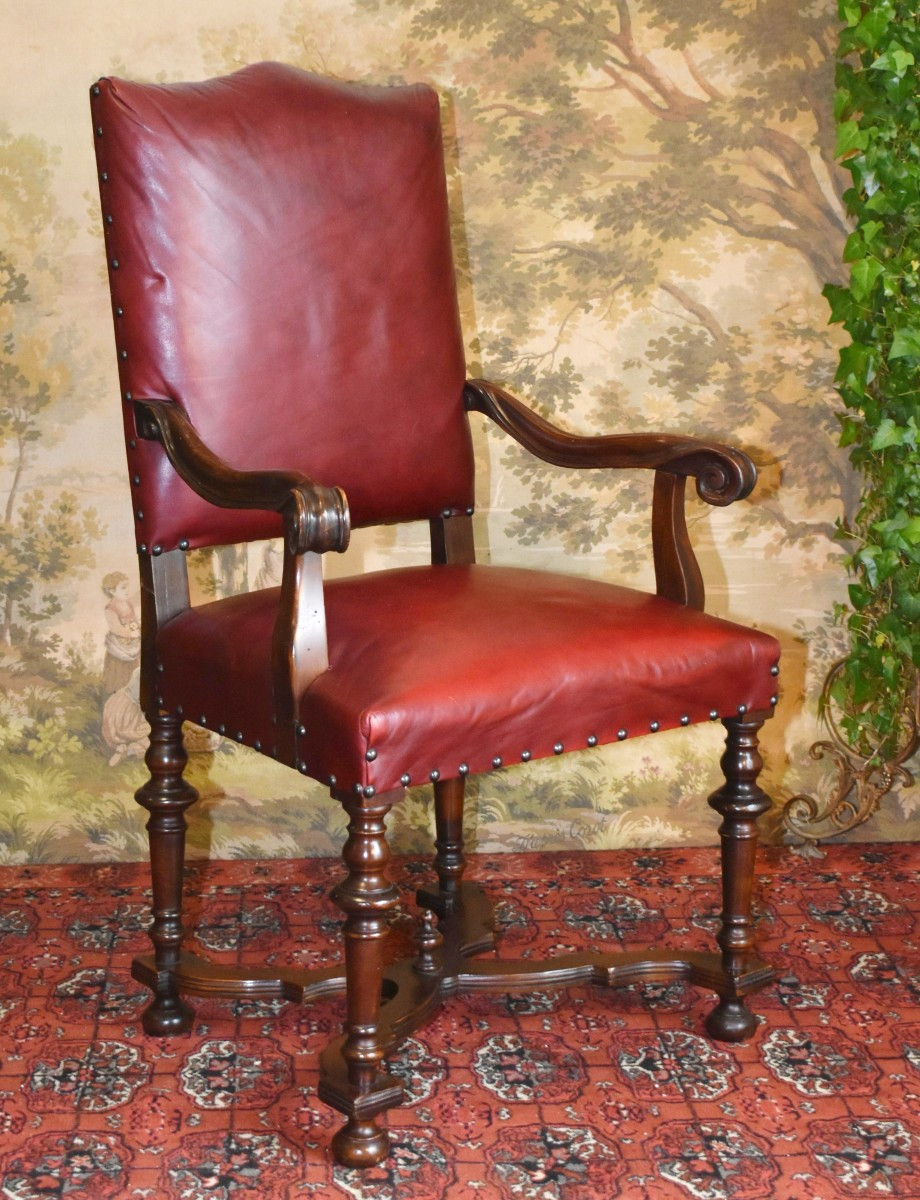 Fauteuil De Bureau Haut Dossier Plat En Cuir Rouge Bordeaux, Style Louis XIV - Régence , XIXe