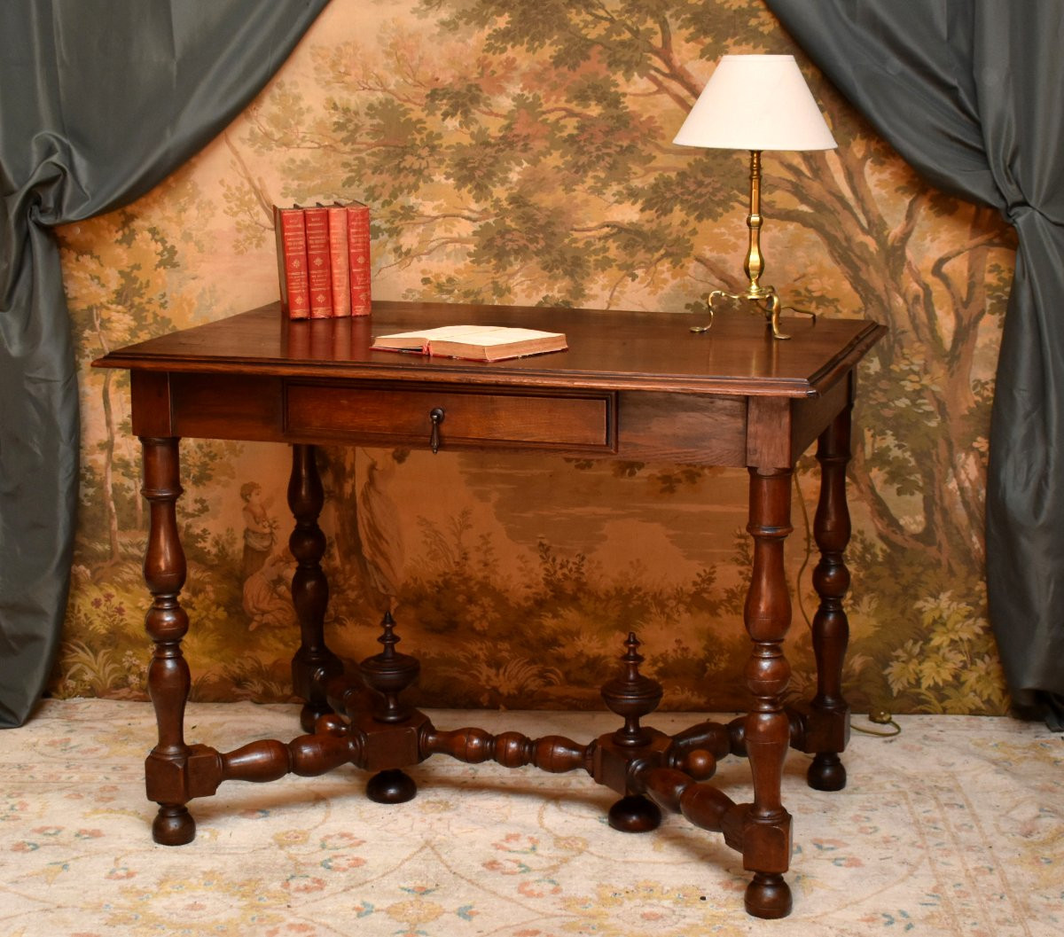 Large Louis XIII - Louis XIV Style Writing Desk With Baluster Legs, 19th Century-photo-3