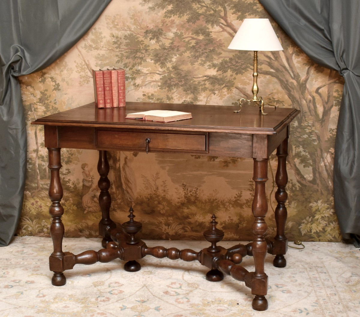 Large Louis XIII - Louis XIV Style Writing Desk With Baluster Legs, 19th Century-photo-3