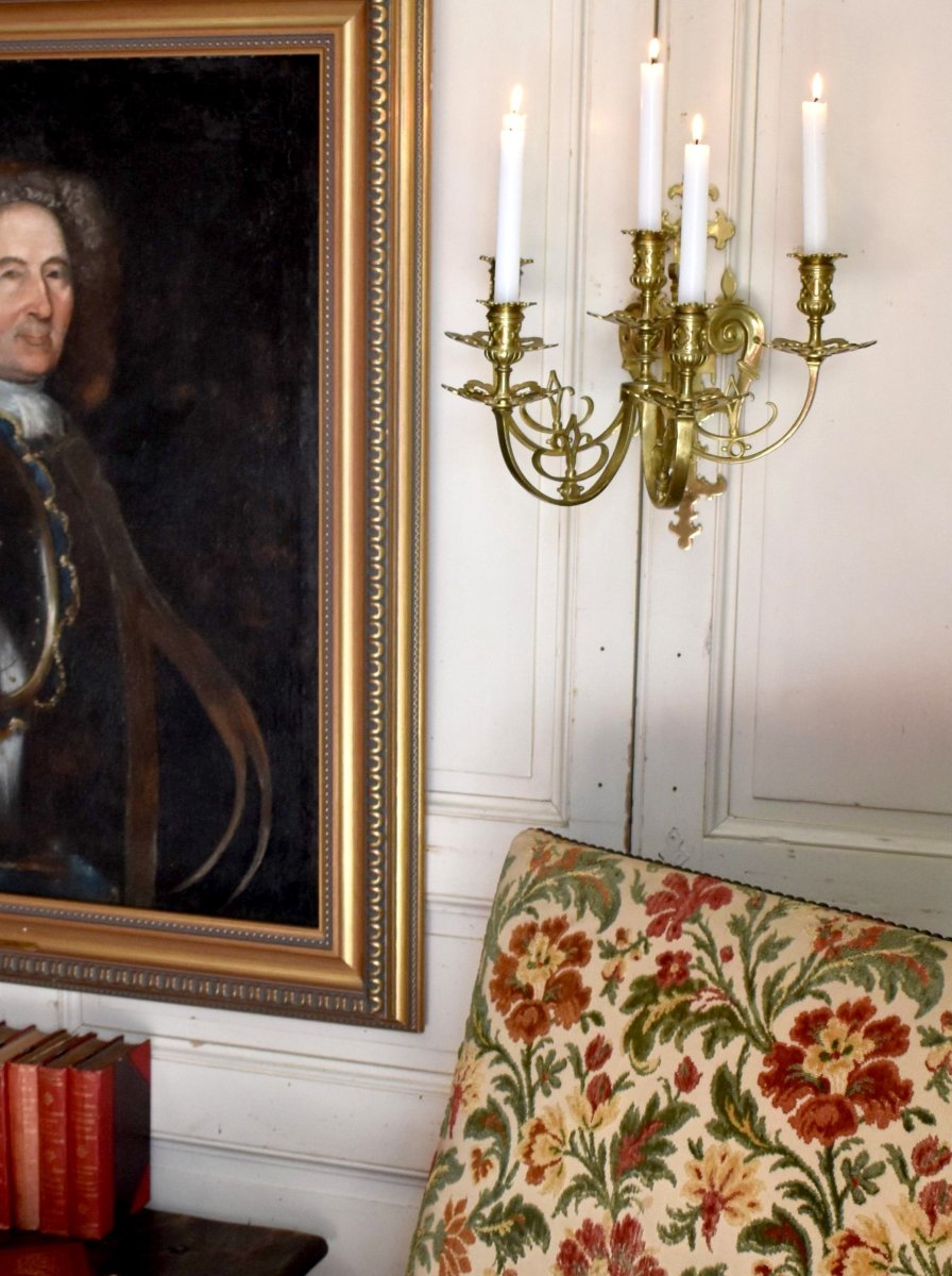 Paire d'Appliques En Bronze, 5  Bras De Lumière, cinq feux,  Style Néo Gothique Renaissance XIX-photo-3