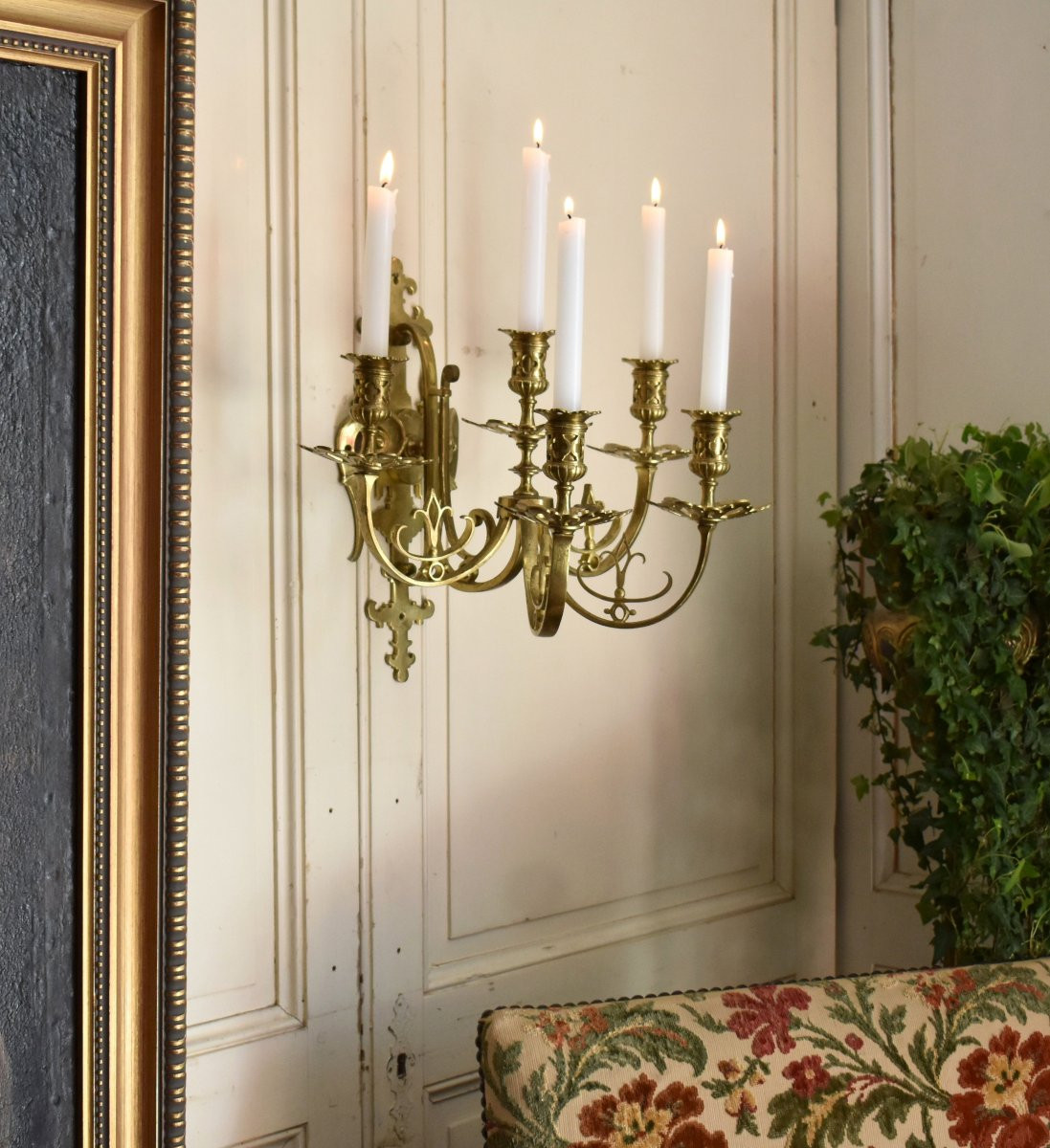 Paire d'Appliques En Bronze, 5  Bras De Lumière, cinq feux,  Style Néo Gothique Renaissance XIX-photo-4