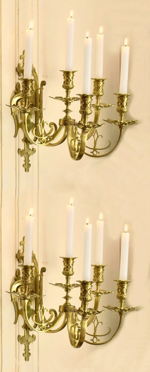 Paire d'Appliques En Bronze, 5  Bras De Lumière, cinq feux,  Style Néo Gothique Renaissance XIX-photo-1