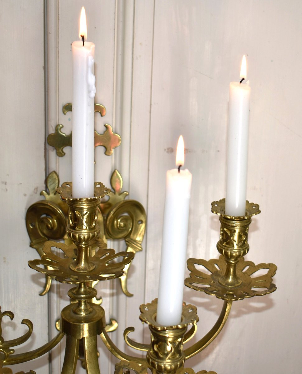 Paire d'Appliques En Bronze, 5  Bras De Lumière, cinq feux,  Style Néo Gothique Renaissance XIX-photo-6