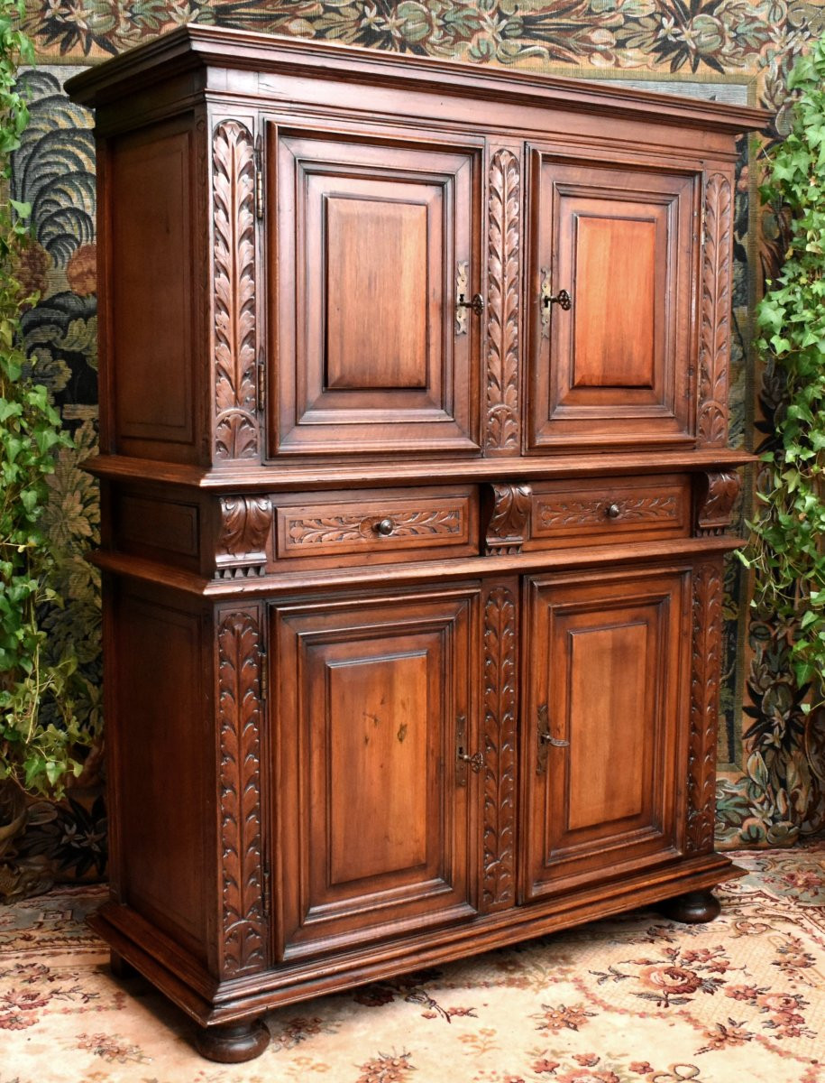 4-door Sideboard, Walnut, Renaissance - Louis XIII Period, Four-leaf Wardrobe, 17th Century-photo-2