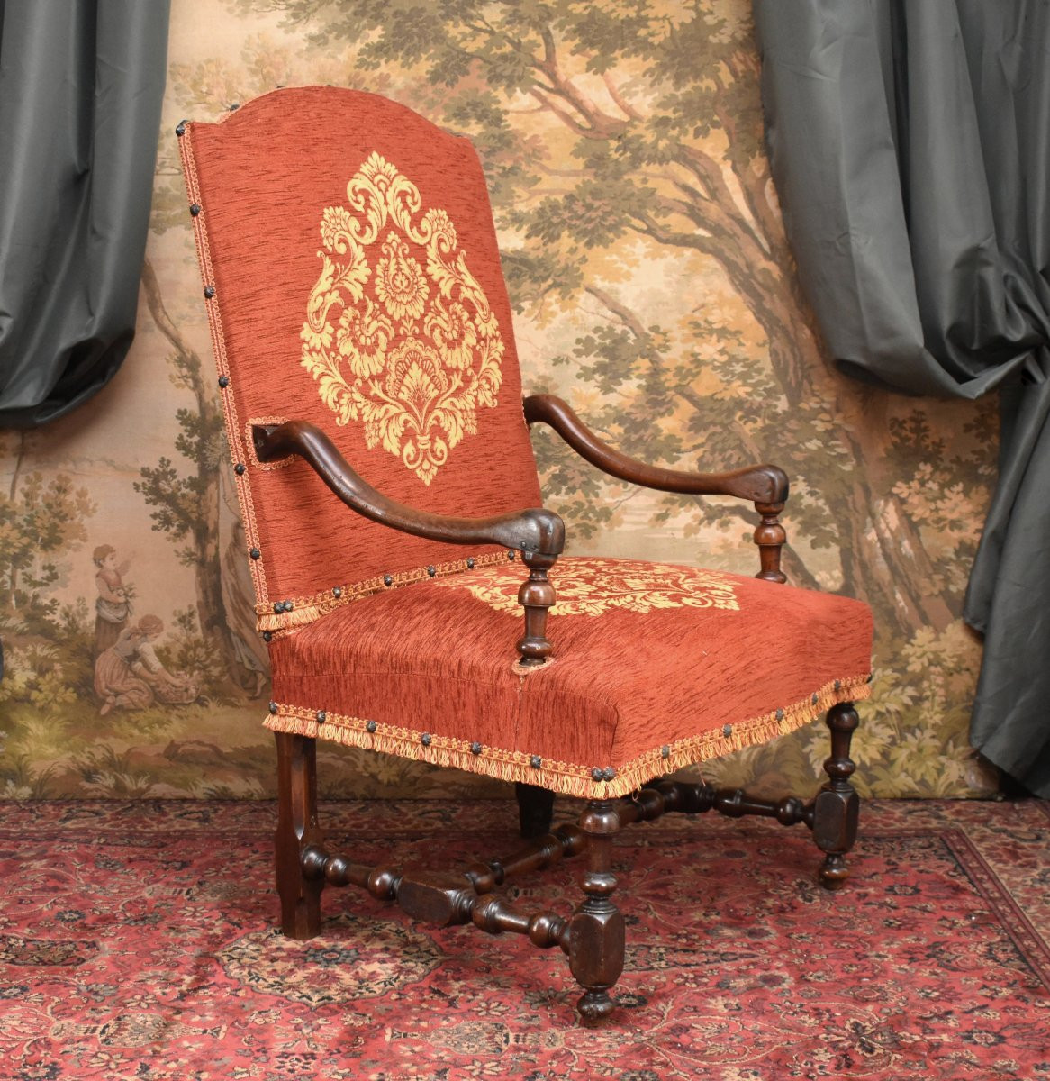 Large Louis XIII - Louis XIV Armchair With High Flat Back And Baluster Legs, Early 18th Century-photo-2