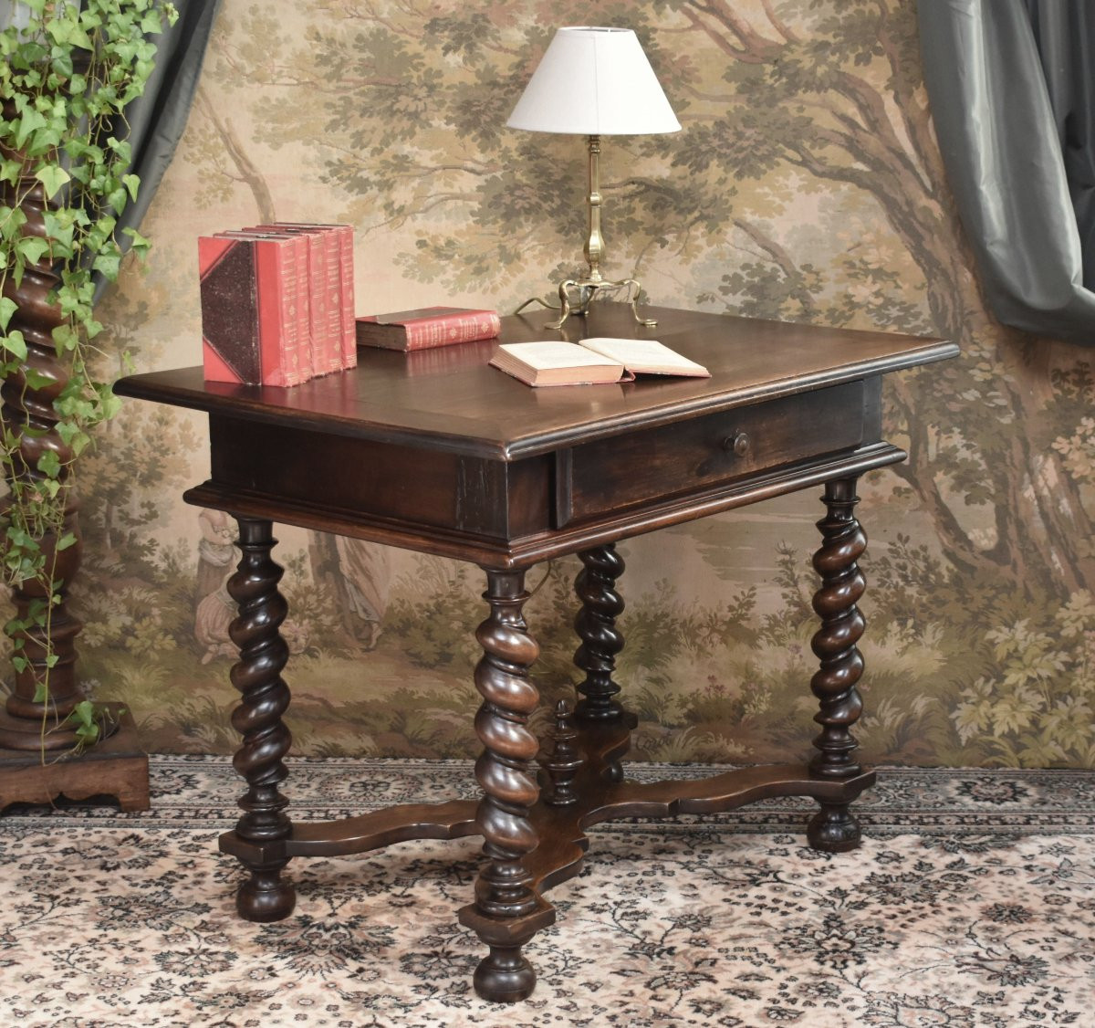 Louis XIII - Louis XIV Style Desk, Walnut Writing Table, 4-legged Twisted Console, 19th Century-photo-2