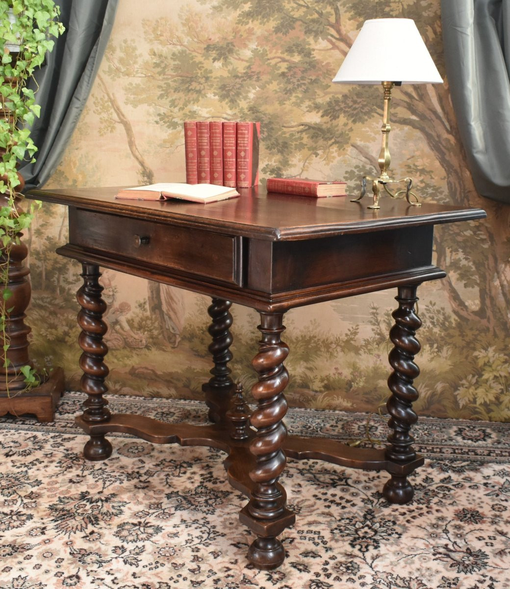 Louis XIII - Louis XIV Style Desk, Walnut Writing Table, 4-legged Twisted Console, 19th Century-photo-3