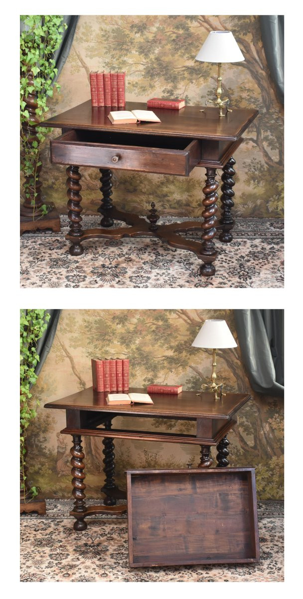 Louis XIII - Louis XIV Style Desk, Walnut Writing Table, 4-legged Twisted Console, 19th Century-photo-4