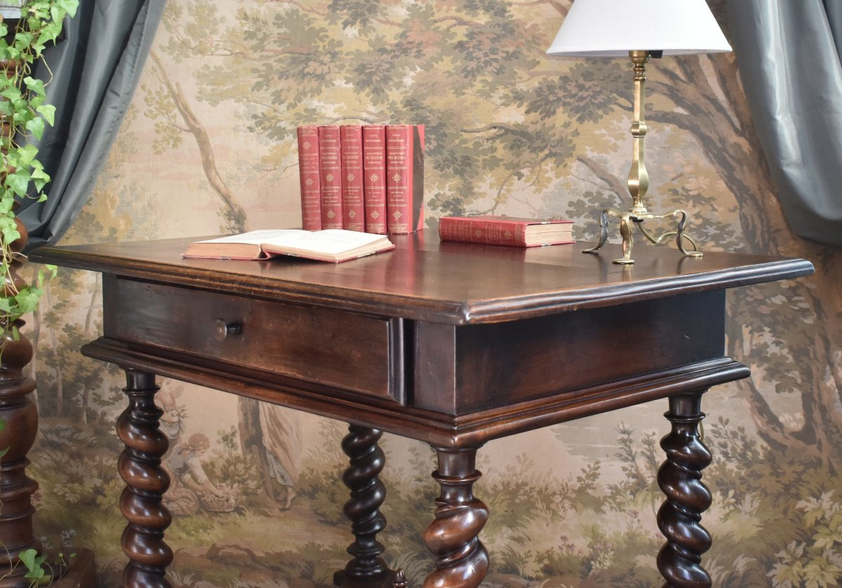 Louis XIII - Louis XIV Style Desk, Walnut Writing Table, 4-legged Twisted Console, 19th Century-photo-1
