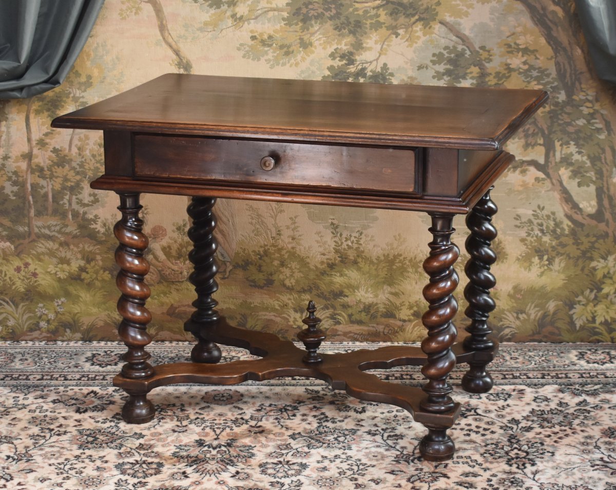 Louis XIII - Louis XIV Style Desk, Walnut Writing Table, 4-legged Twisted Console, 19th Century-photo-2
