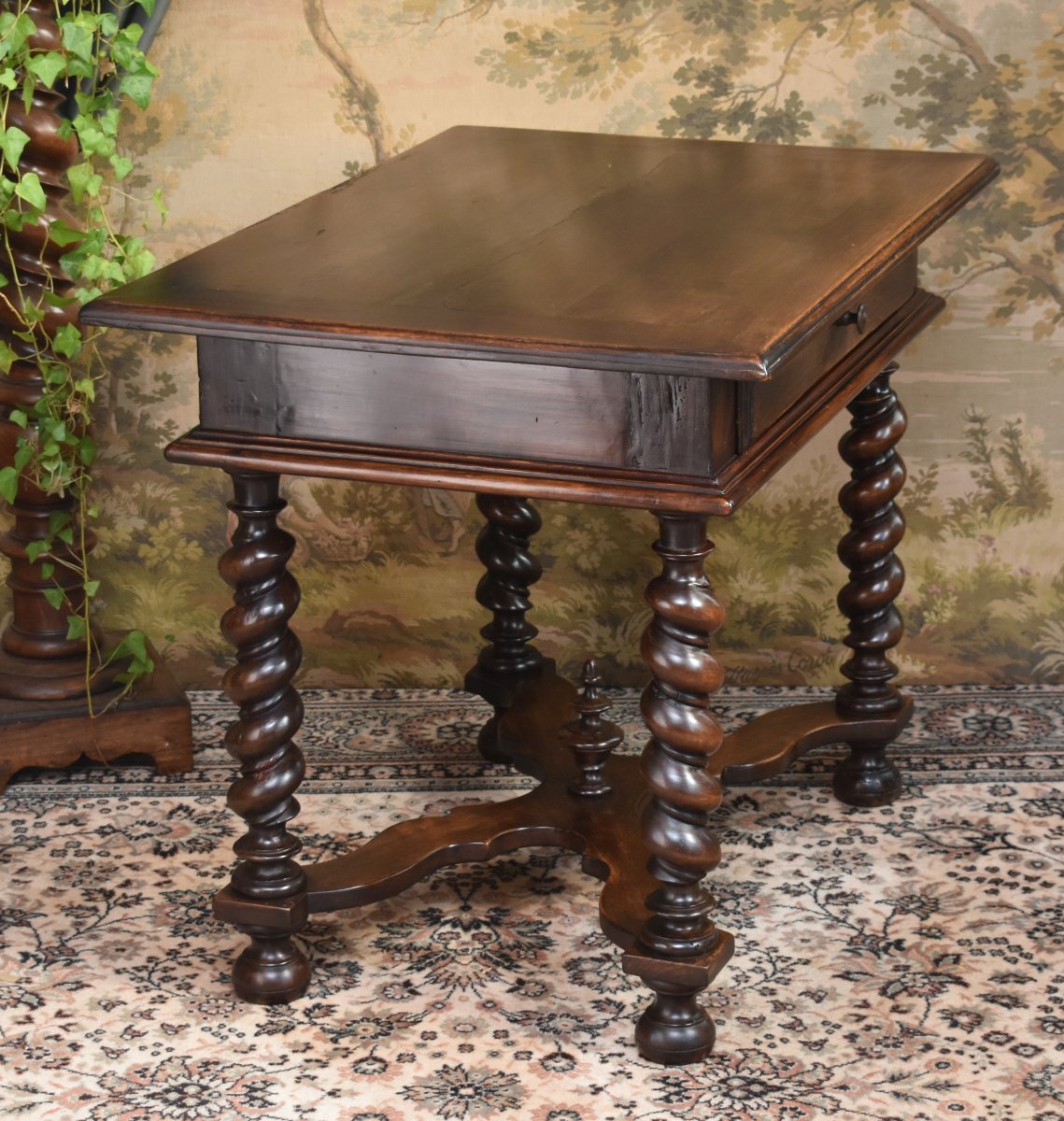 Louis XIII - Louis XIV Style Desk, Walnut Writing Table, 4-legged Twisted Console, 19th Century-photo-3