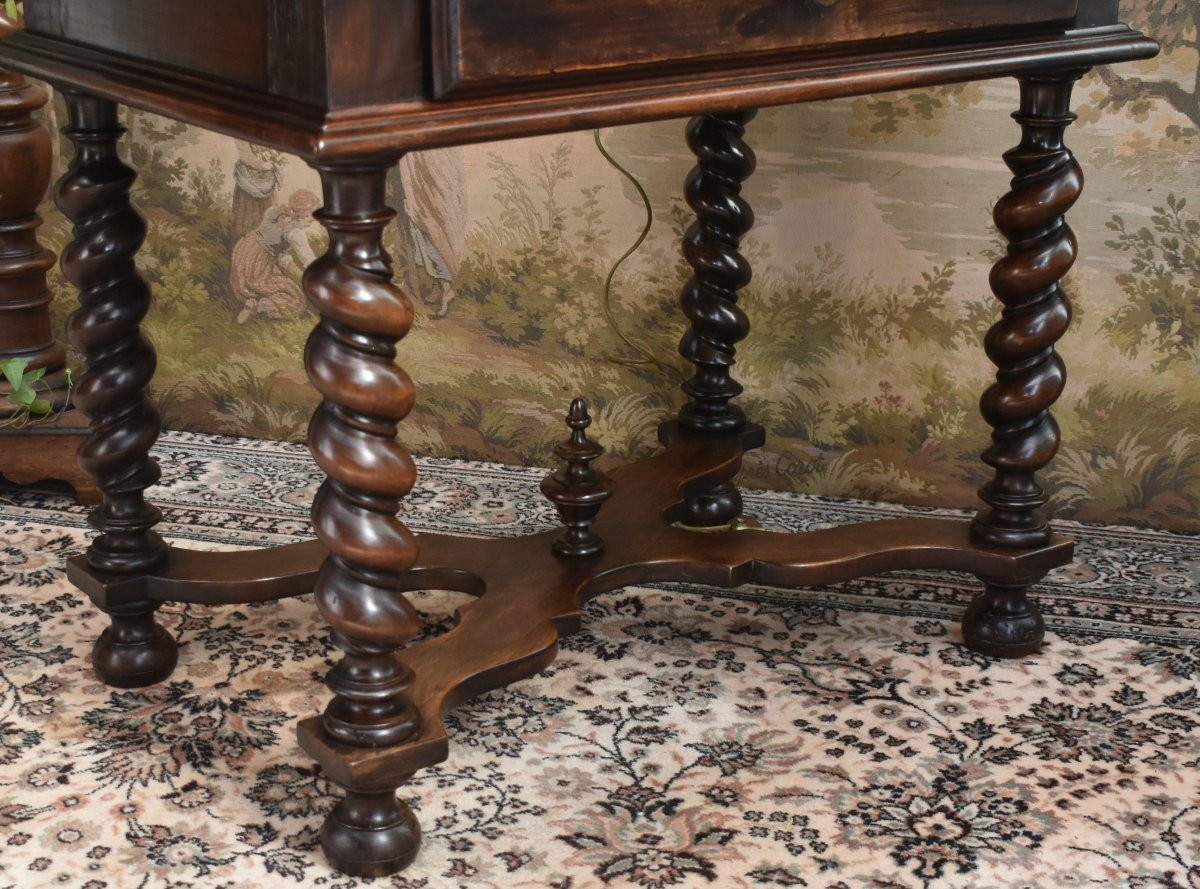 Louis XIII - Louis XIV Style Desk, Walnut Writing Table, 4-legged Twisted Console, 19th Century-photo-4