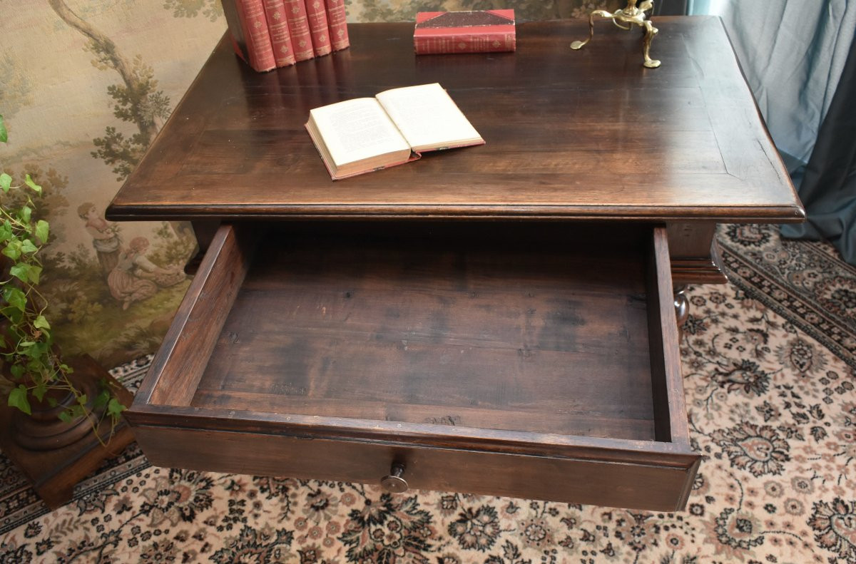 Louis XIII - Louis XIV Style Desk, Walnut Writing Table, 4-legged Twisted Console, 19th Century-photo-6