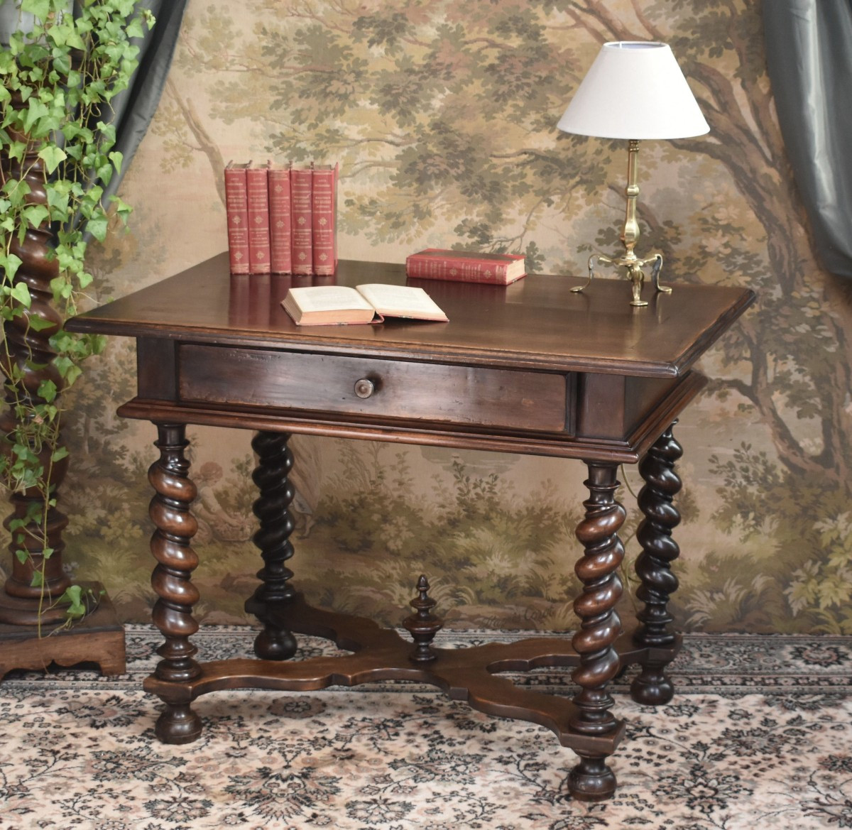 Louis XIII - Louis XIV Style Desk, Walnut Writing Table, 4-legged Twisted Console, 19th Century