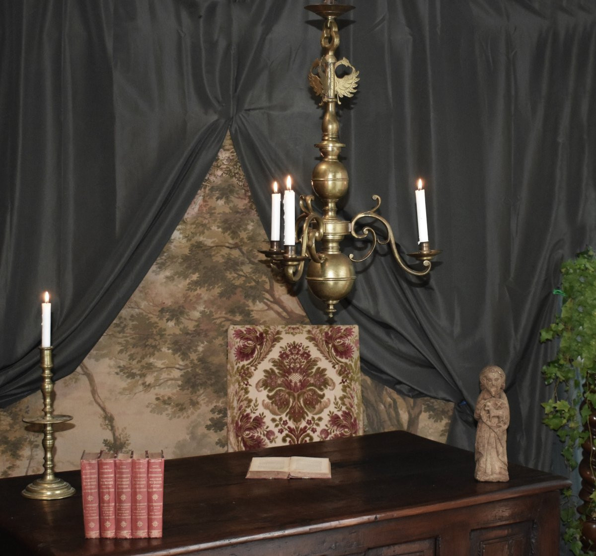 Lustre  en bronze et laiton de style Hollandais à trois bras de lumières, éclairage 3 bougies-photo-2