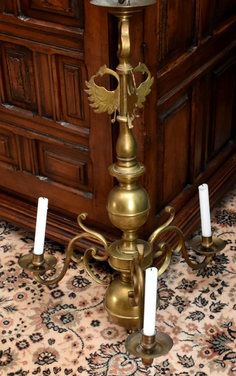 Lustre  en bronze et laiton de style Hollandais à trois bras de lumières, éclairage 3 bougies-photo-2