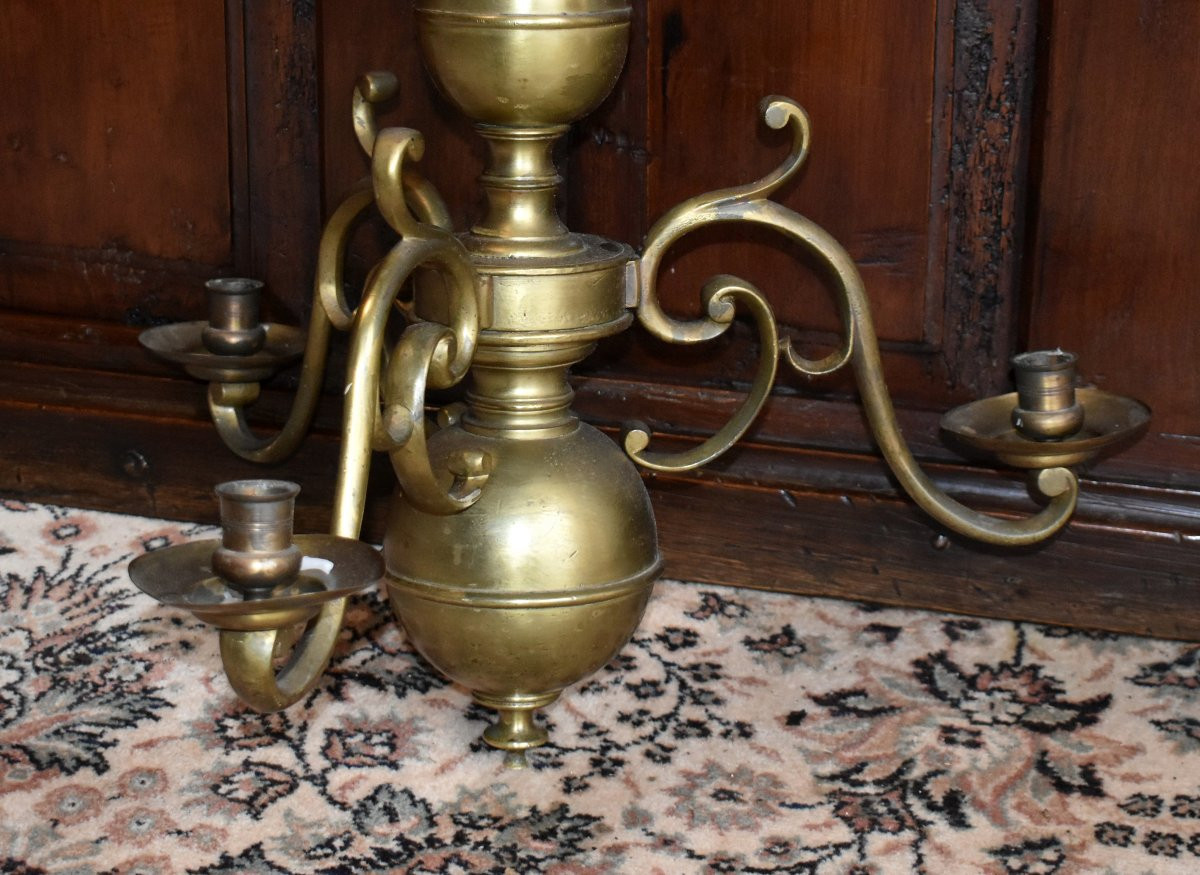 Lustre  en bronze et laiton de style Hollandais à trois bras de lumières, éclairage 3 bougies-photo-5