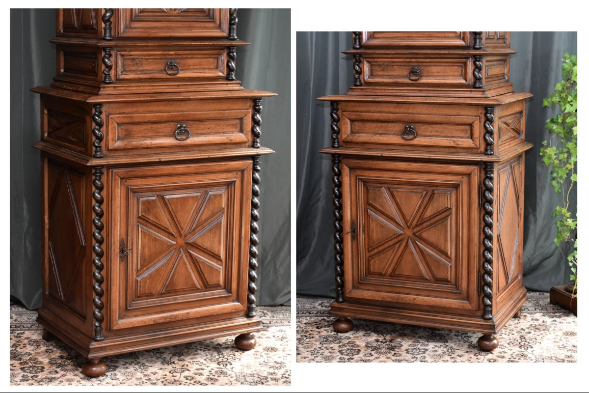 Homme debout Louis XIII  en noyer, cabinet  diminutif, 2 parties, buffet haut retrait , XVIIe -photo-3