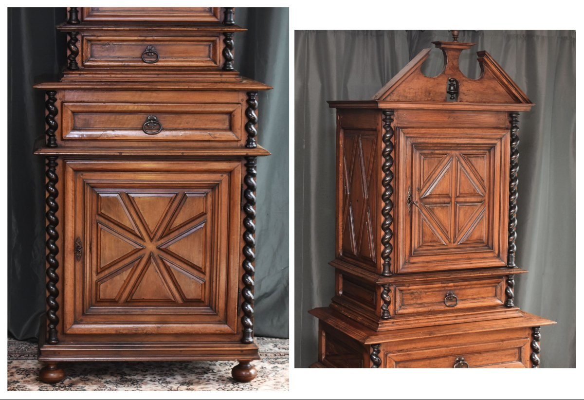 Homme debout Louis XIII  en noyer, cabinet  diminutif, 2 parties, buffet haut retrait , XVIIe -photo-4