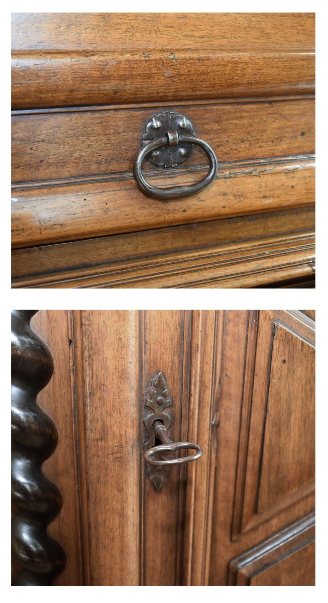 Homme debout Louis XIII  en noyer, cabinet  diminutif, 2 parties, buffet haut retrait , XVIIe -photo-5