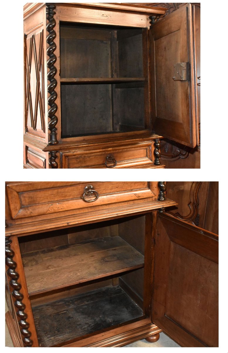 Homme debout Louis XIII  en noyer, cabinet  diminutif, 2 parties, buffet haut retrait , XVIIe -photo-8