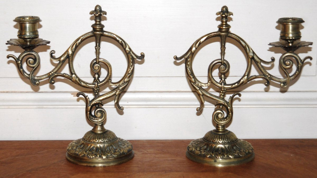 Pair Of Bronze Candlesticks With One Fire, 2 Candlesticks With 2 Arms Of Lights , XIXth Century-photo-2