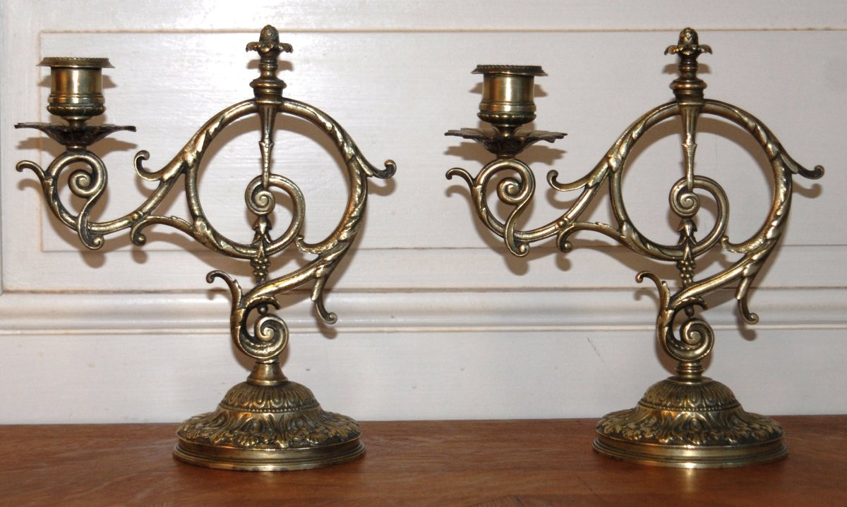 Pair Of Bronze Candlesticks With One Fire, 2 Candlesticks With 2 Arms Of Lights , XIXth Century-photo-3
