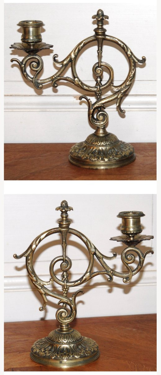 Pair Of Bronze Candlesticks With One Fire, 2 Candlesticks With 2 Arms Of Lights , XIXth Century-photo-4