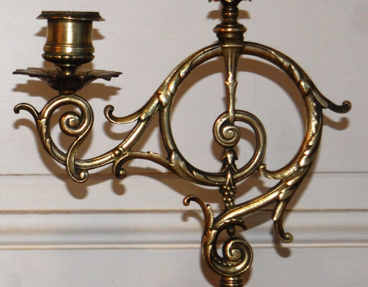 Pair Of Bronze Candlesticks With One Fire, 2 Candlesticks With 2 Arms Of Lights , XIXth Century-photo-4