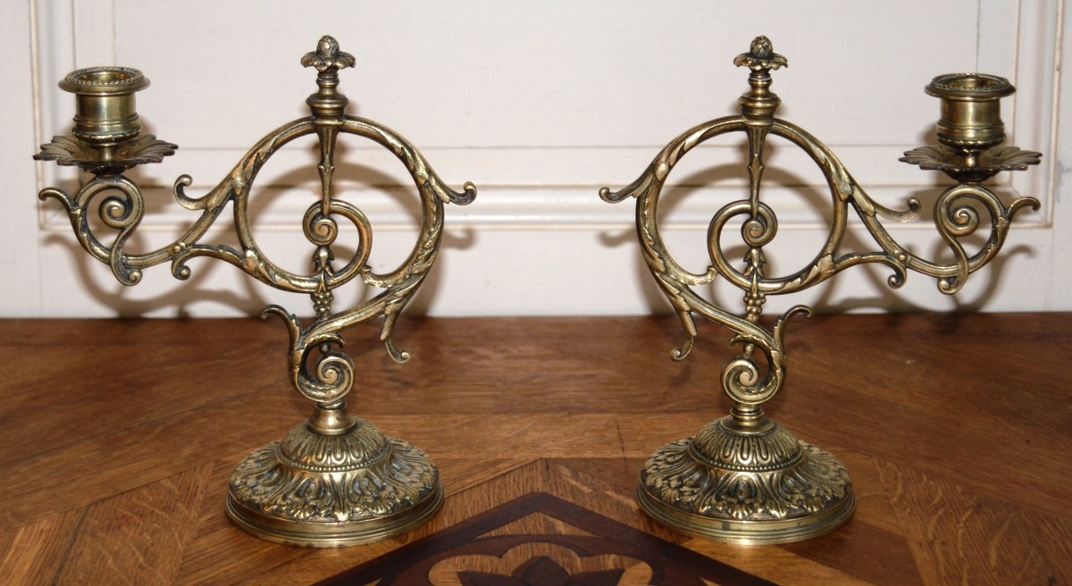 Pair Of Bronze Candlesticks With One Fire, 2 Candlesticks With 2 Arms Of Lights , XIXth Century