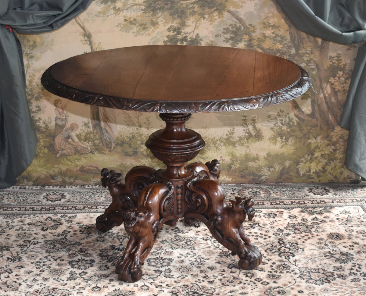 Central Table, Carved Oak, Fantastical Chimera Animals, Pedestal Table In 19th Century Renaissance Style-photo-2