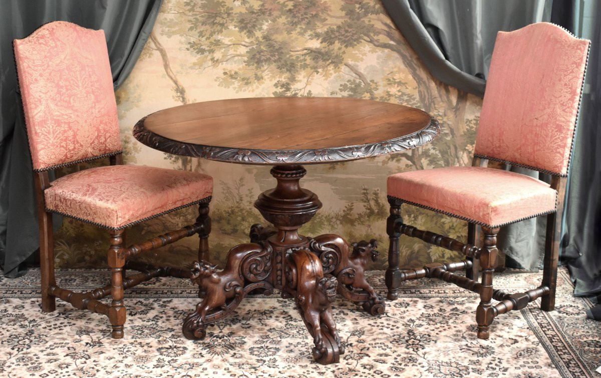 Central Table, Carved Oak, Fantastical Chimera Animals, Pedestal Table In 19th Century Renaissance Style-photo-3