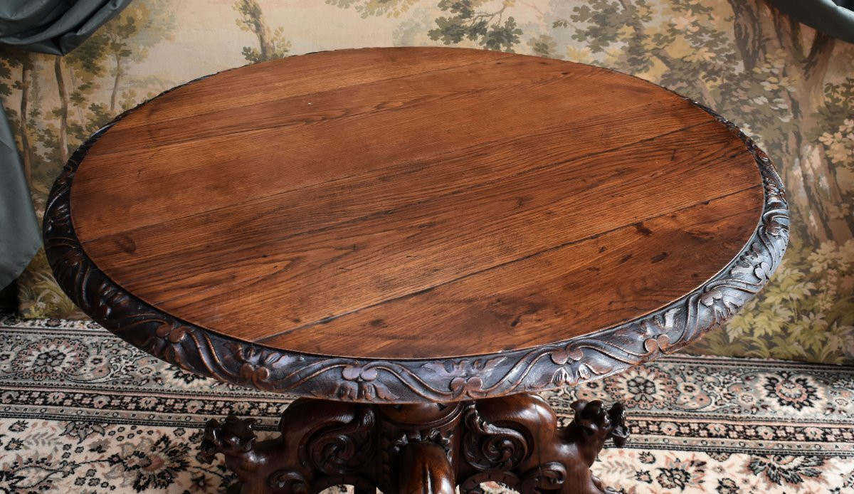 Central Table, Carved Oak, Fantastical Chimera Animals, Pedestal Table In 19th Century Renaissance Style-photo-4