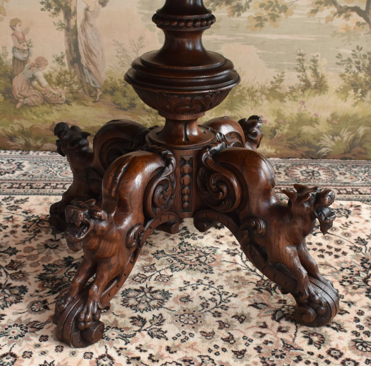 Central Table, Carved Oak, Fantastical Chimera Animals, Pedestal Table In 19th Century Renaissance Style-photo-1