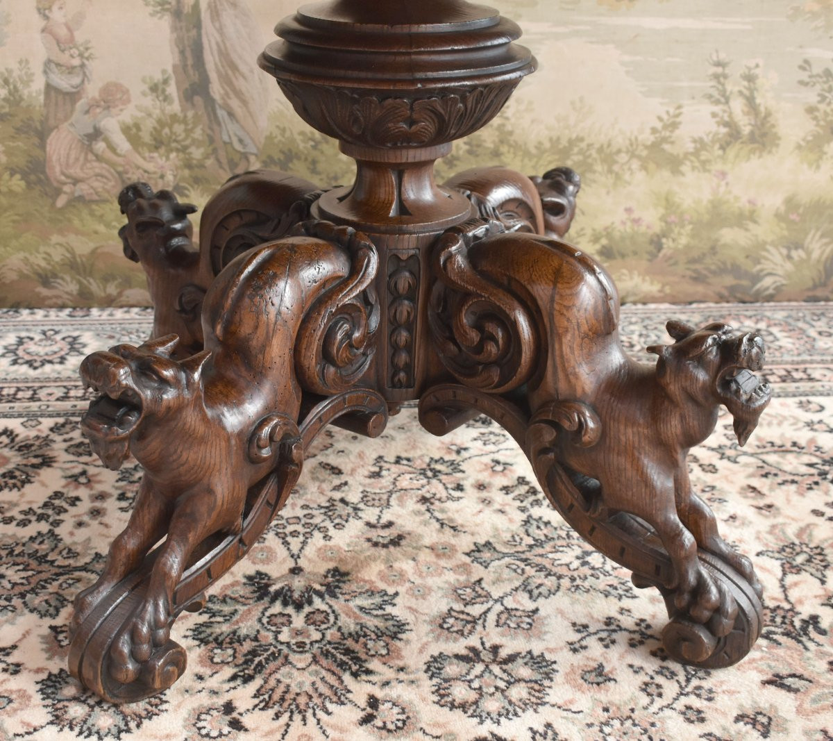 Central Table, Carved Oak, Fantastical Chimera Animals, Pedestal Table In 19th Century Renaissance Style-photo-2