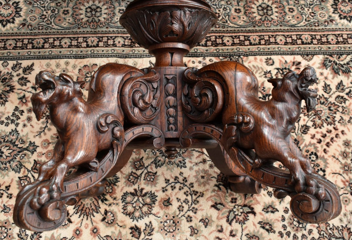 Central Table, Carved Oak, Fantastical Chimera Animals, Pedestal Table In 19th Century Renaissance Style-photo-3