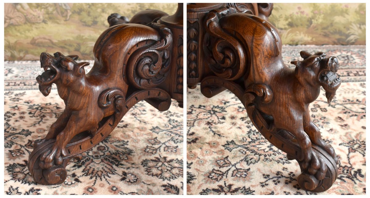 Central Table, Carved Oak, Fantastical Chimera Animals, Pedestal Table In 19th Century Renaissance Style-photo-4