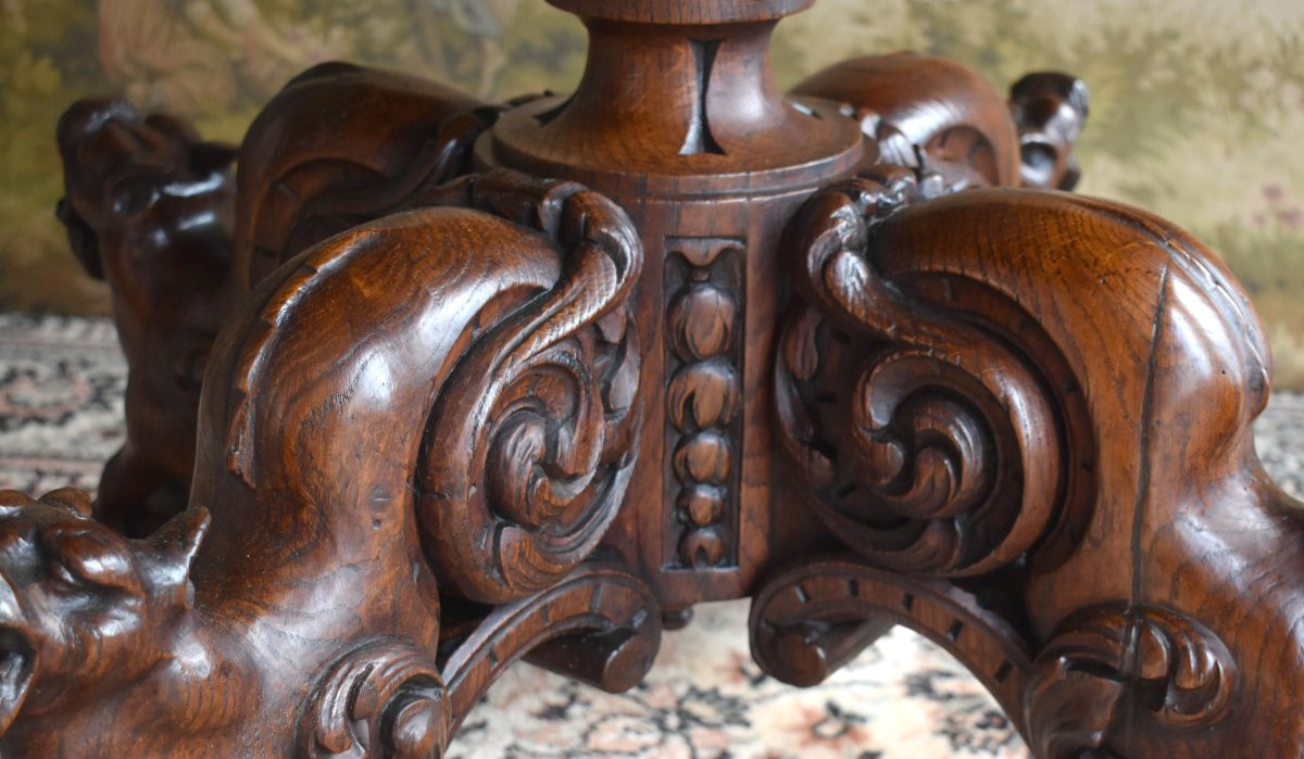 Central Table, Carved Oak, Fantastical Chimera Animals, Pedestal Table In 19th Century Renaissance Style-photo-5