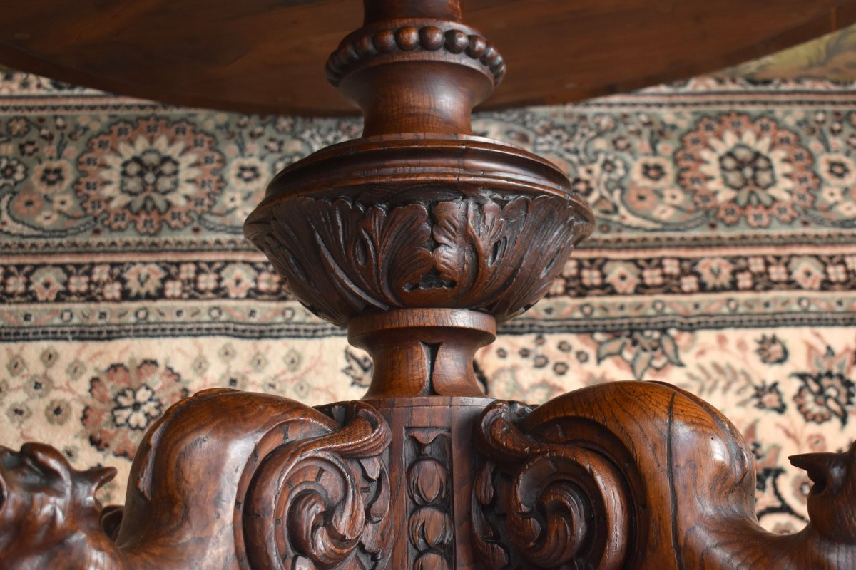 Central Table, Carved Oak, Fantastical Chimera Animals, Pedestal Table In 19th Century Renaissance Style-photo-6