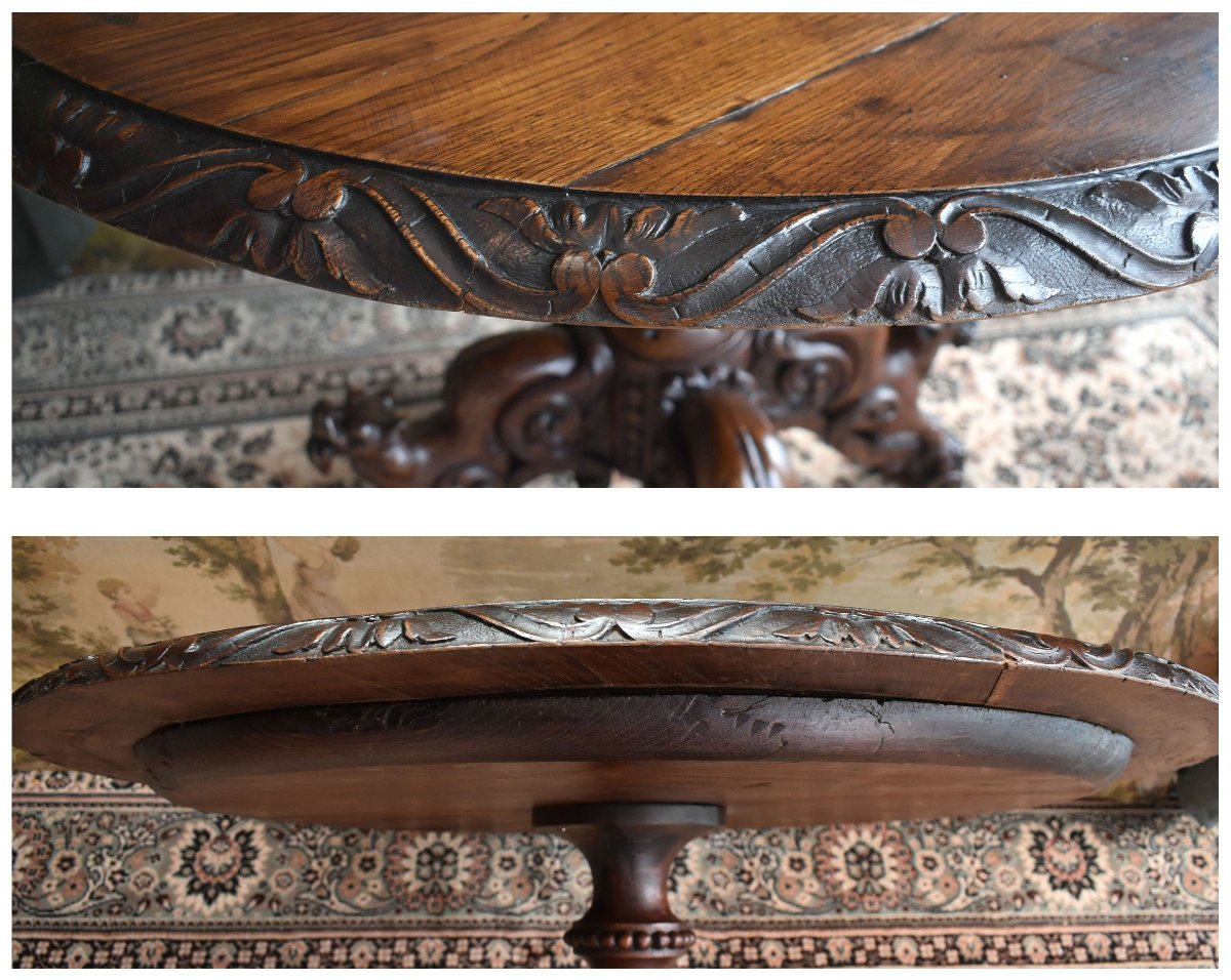 Central Table, Carved Oak, Fantastical Chimera Animals, Pedestal Table In 19th Century Renaissance Style-photo-7